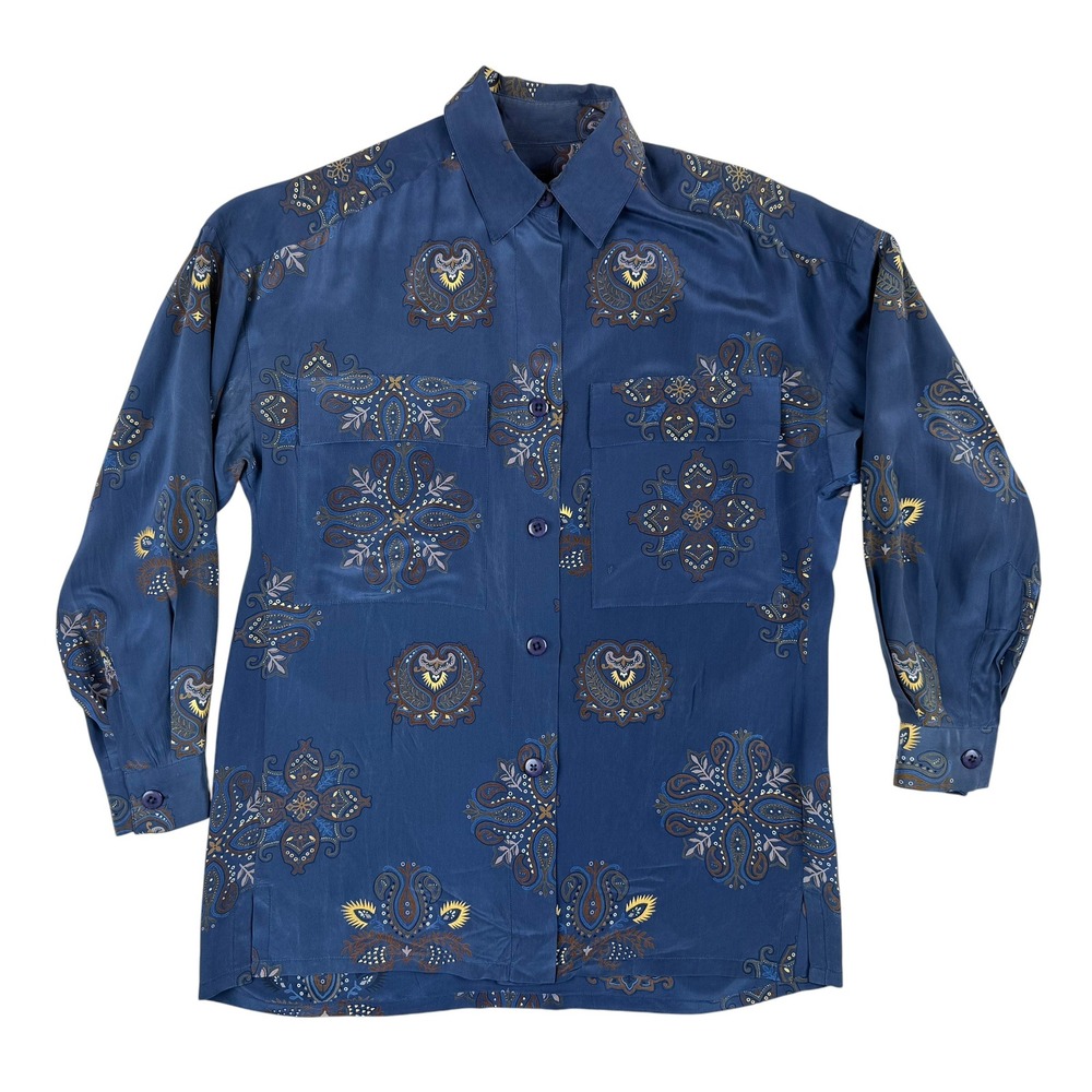 Vintage Medallion Print Silk Blouse Blue Paisley Shirt 2P Ellen Tracy